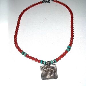 Vintage Red‎ Beaded Necklace with Silver Pendant